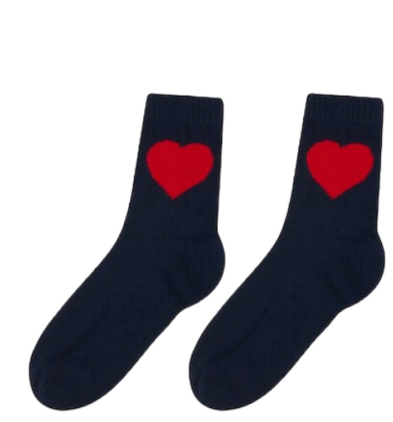 Cashmere Socks - Navy with Red Heart