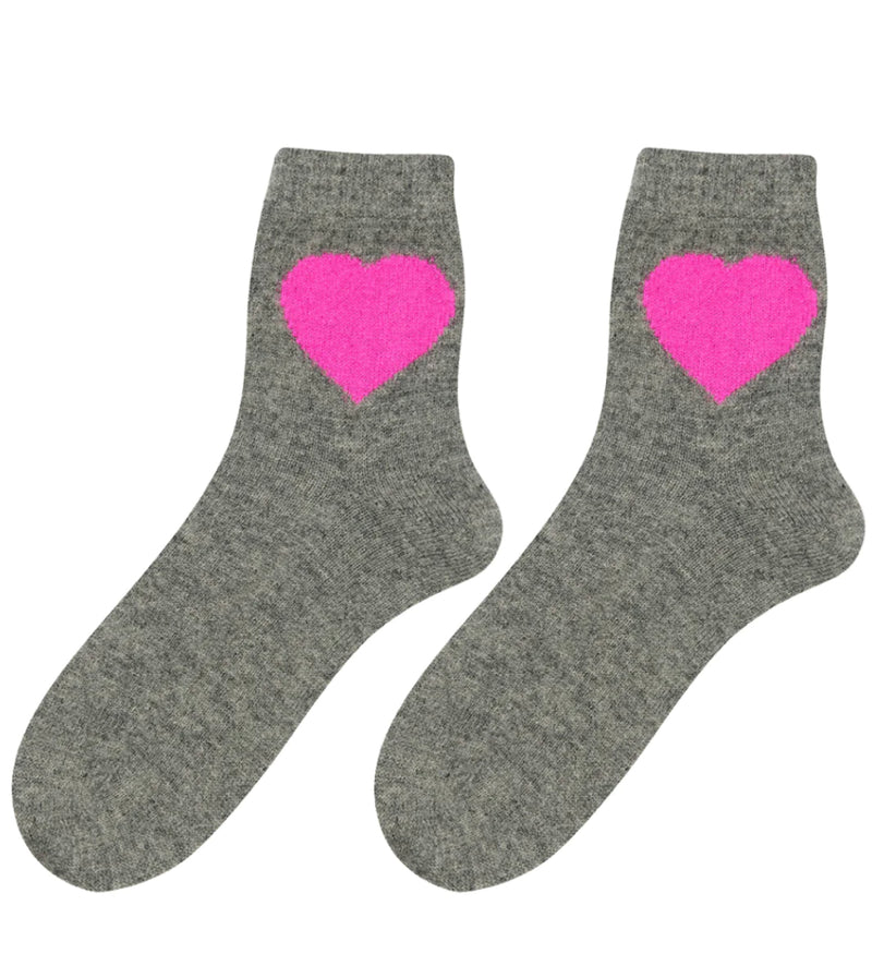 Cashmere Socks - Grey with Pink Heart