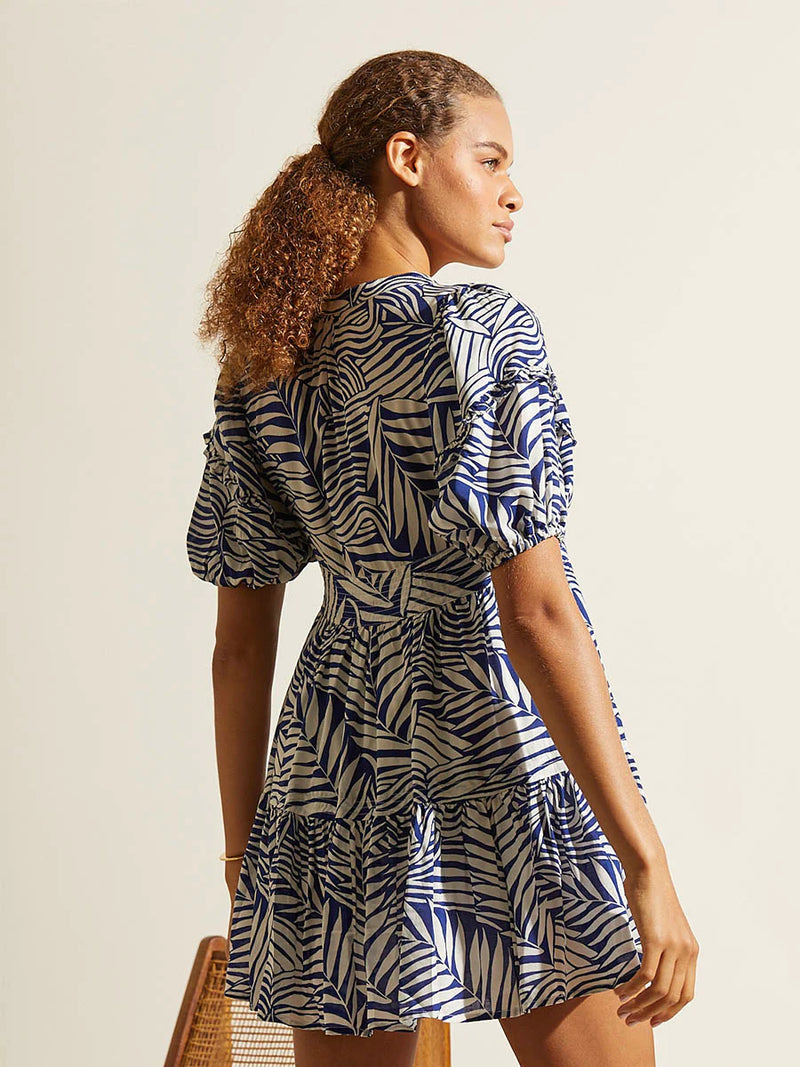 Palm Leaf Flutter Sleeve Mini Dress